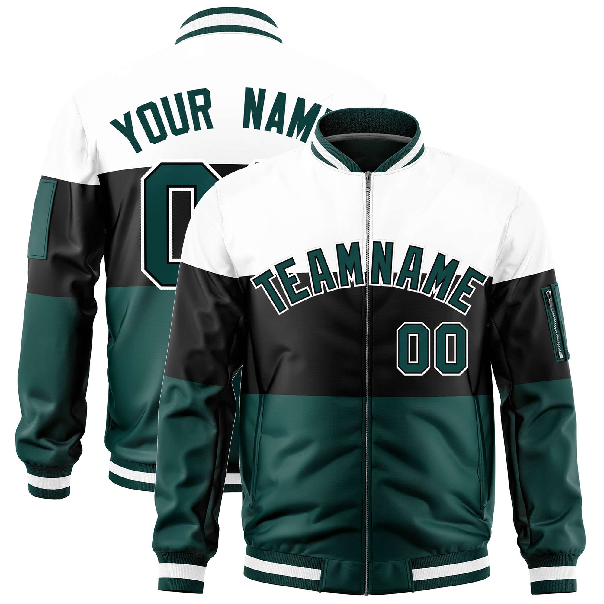 Custom White Black-Midnight Green Varsity Full-Zip Color Block Letterman Bomber Jacket