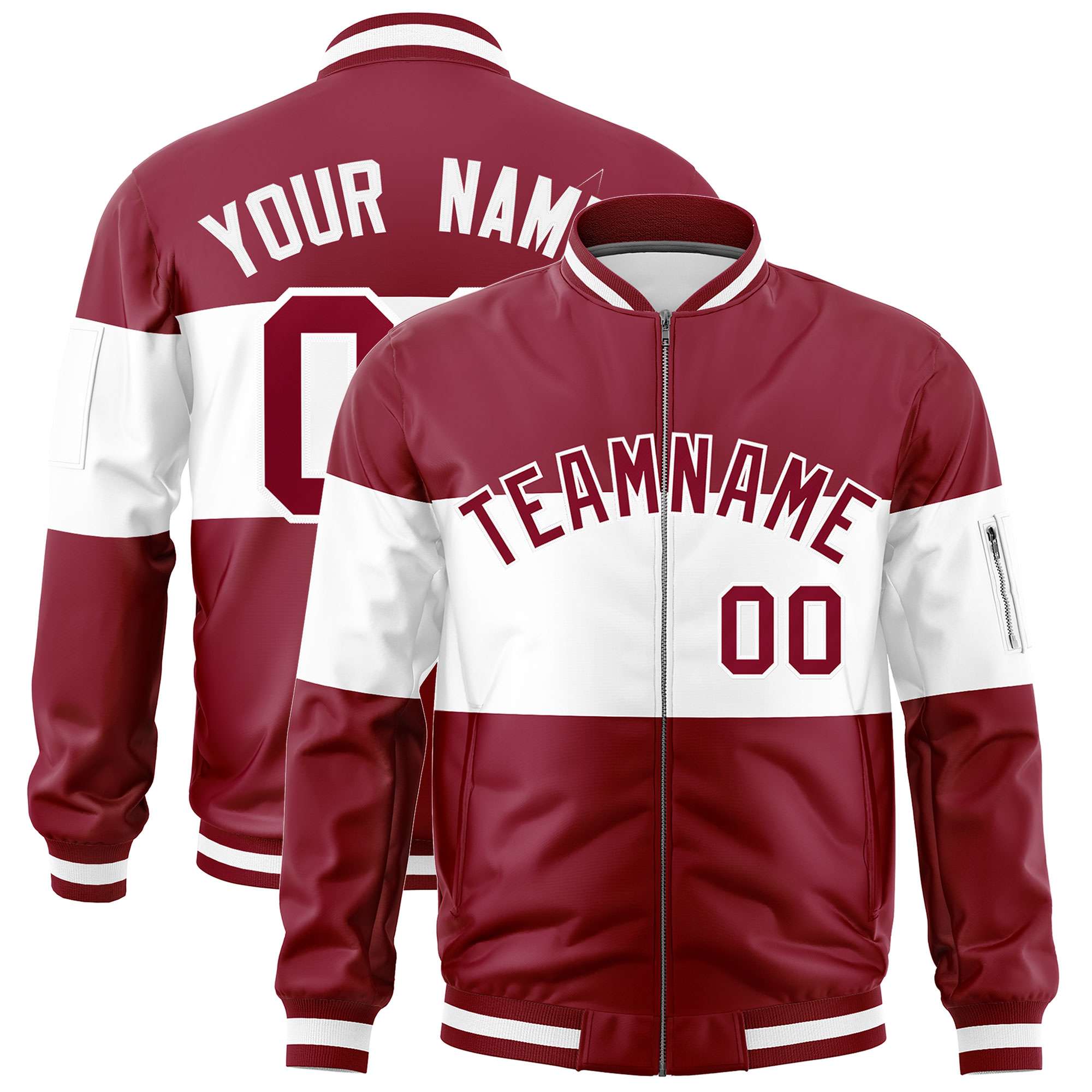 Custom Crimson White-Crimson Varsity Full-Zip Color Block Letterman Bomber Jacket