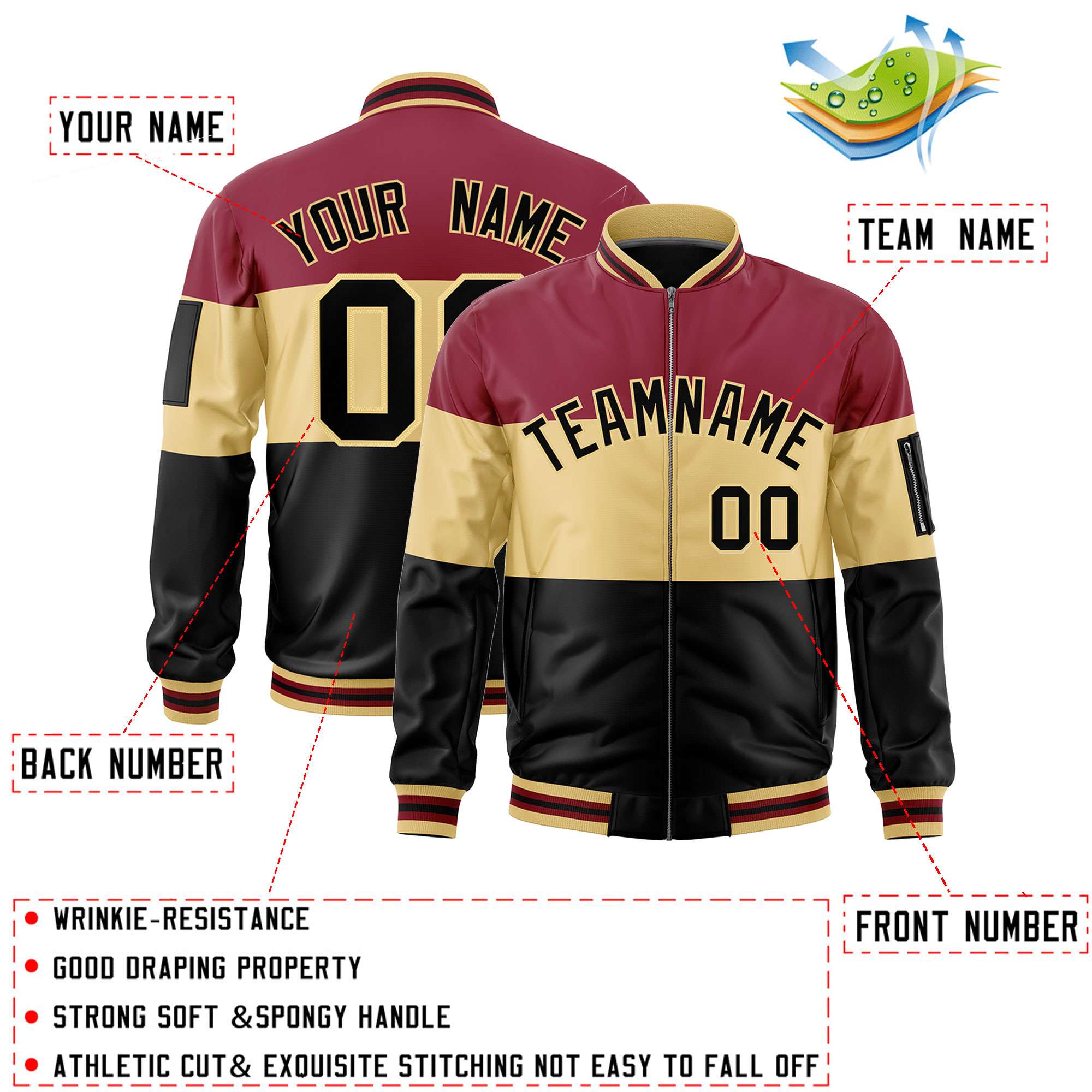 Custom Crimson Khaki-Black Varsity Full-Zip Color Block Letterman Bomber Jacket