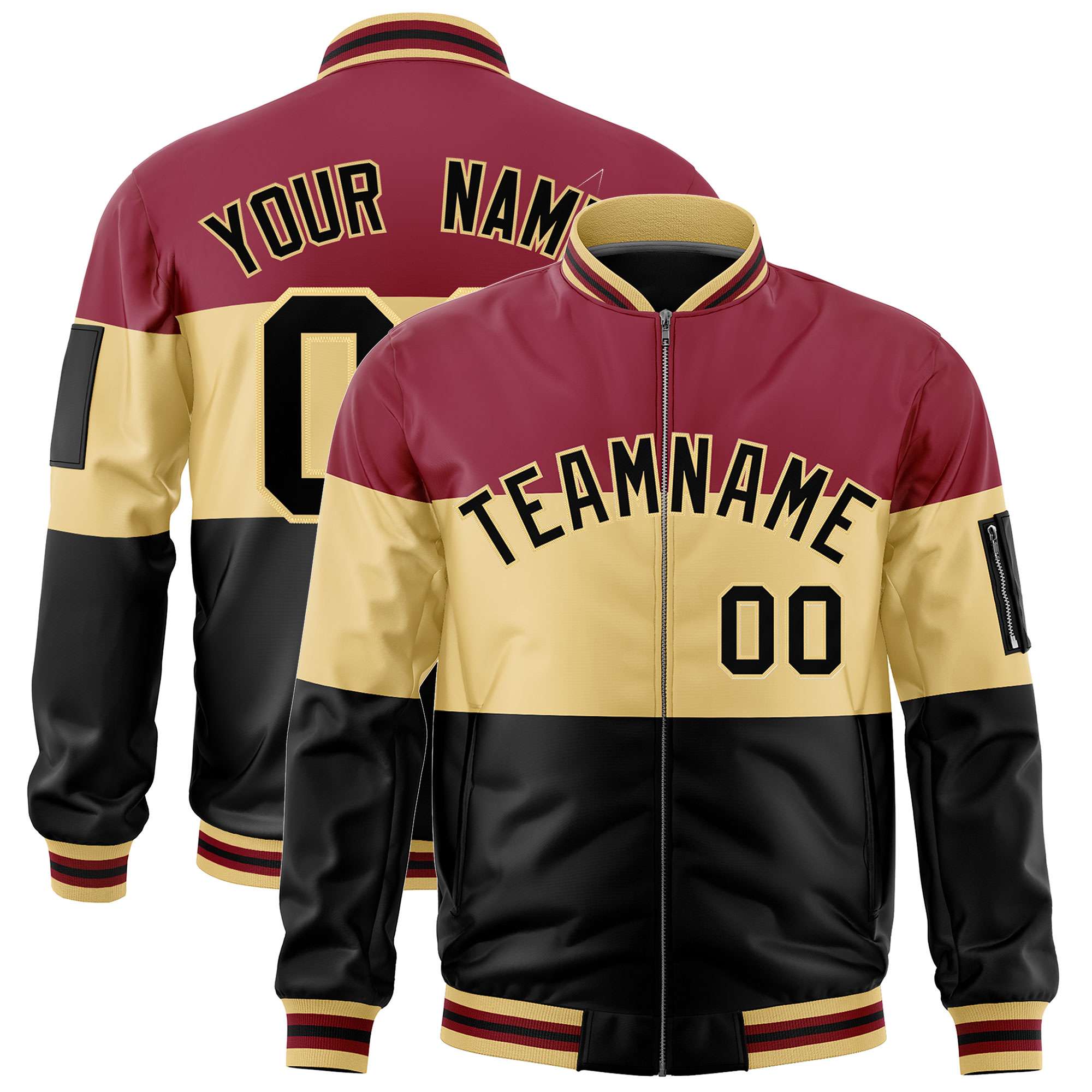 Custom Crimson Khaki-Black Varsity Full-Zip Color Block Letterman Bomber Jacket