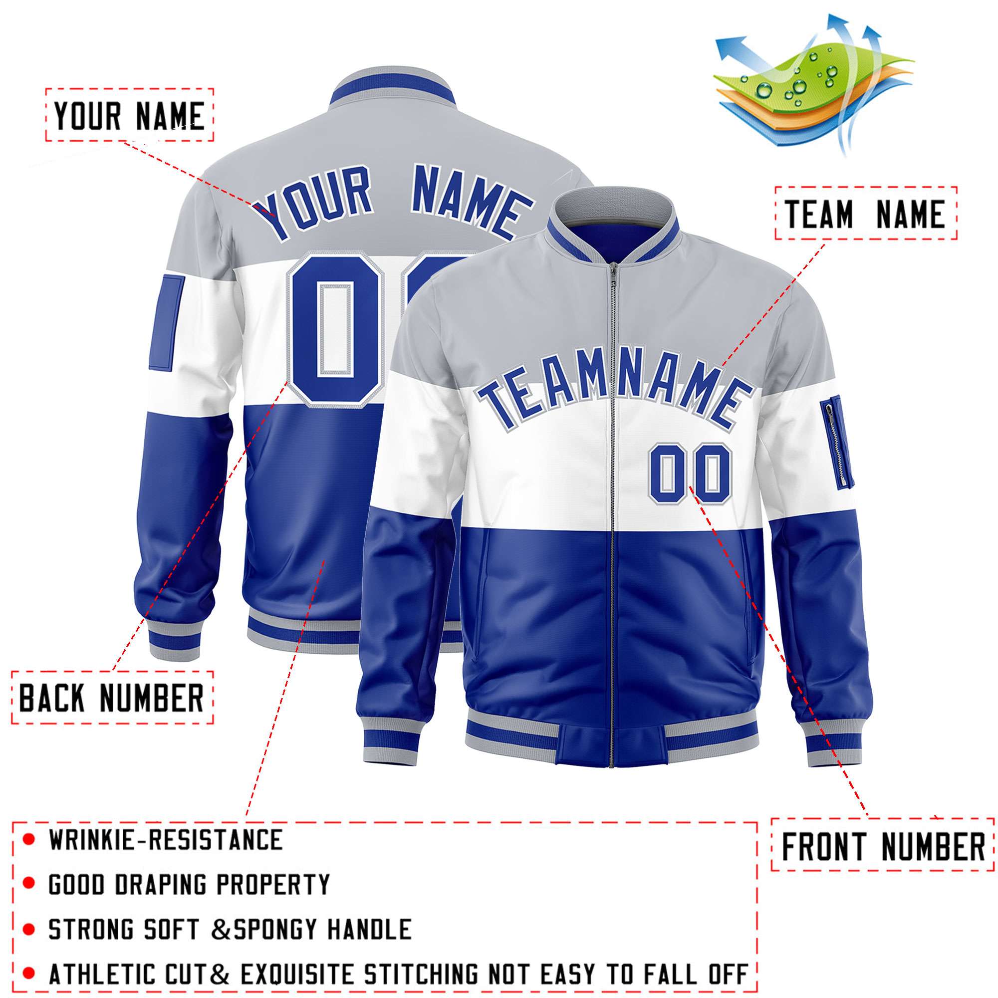 Custom Silver White-Royal Varsity Full-Zip Color Block Letterman Bomber Jacket