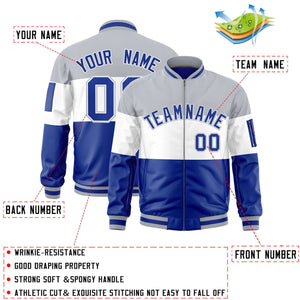 Custom Silver White-Royal Varsity Full-Zip Color Block Letterman Bomber Jacket