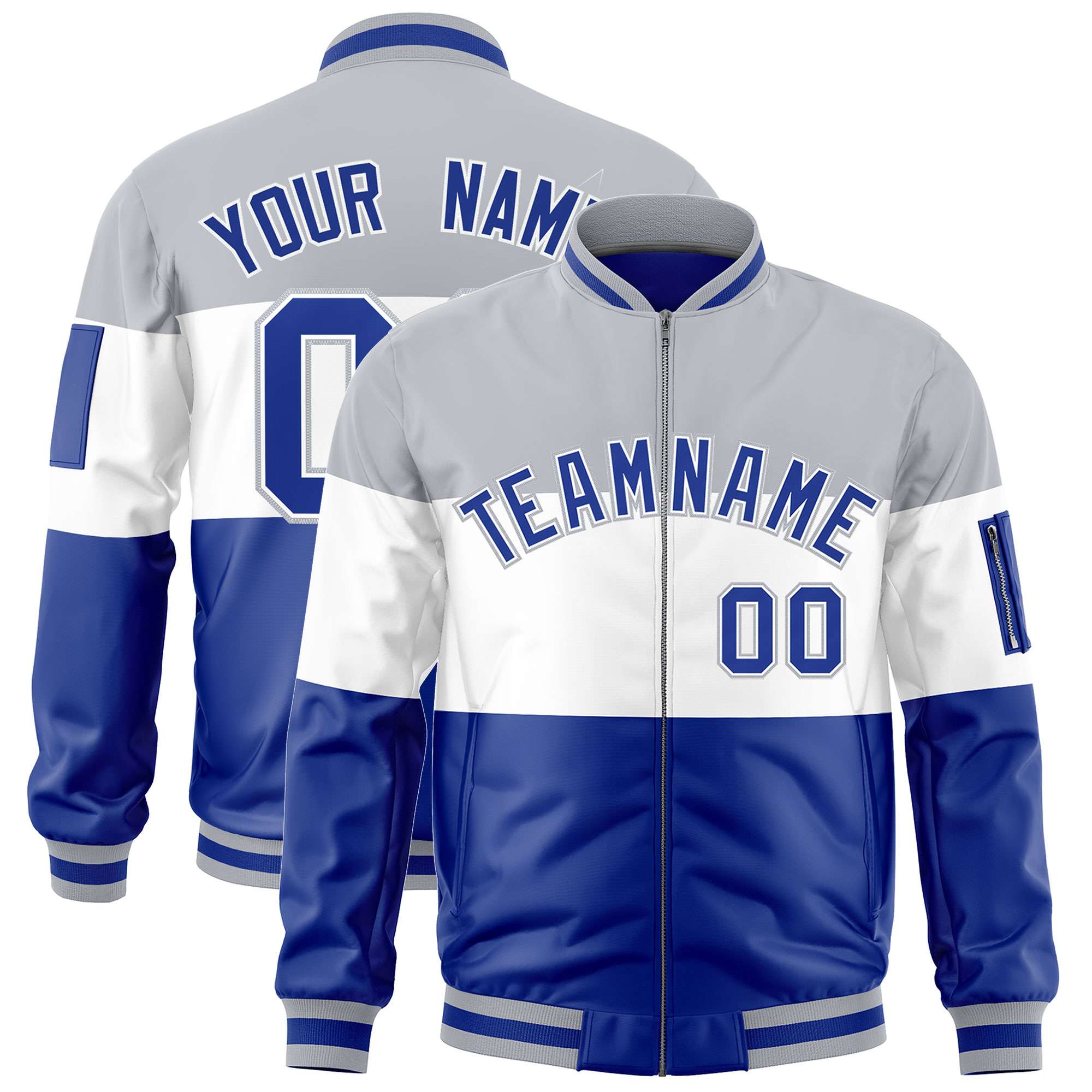 Custom Silver White-Royal Varsity Full-Zip Color Block Letterman Bomber Jacket