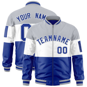 Custom Silver White-Royal Varsity Full-Zip Color Block Letterman Bomber Jacket