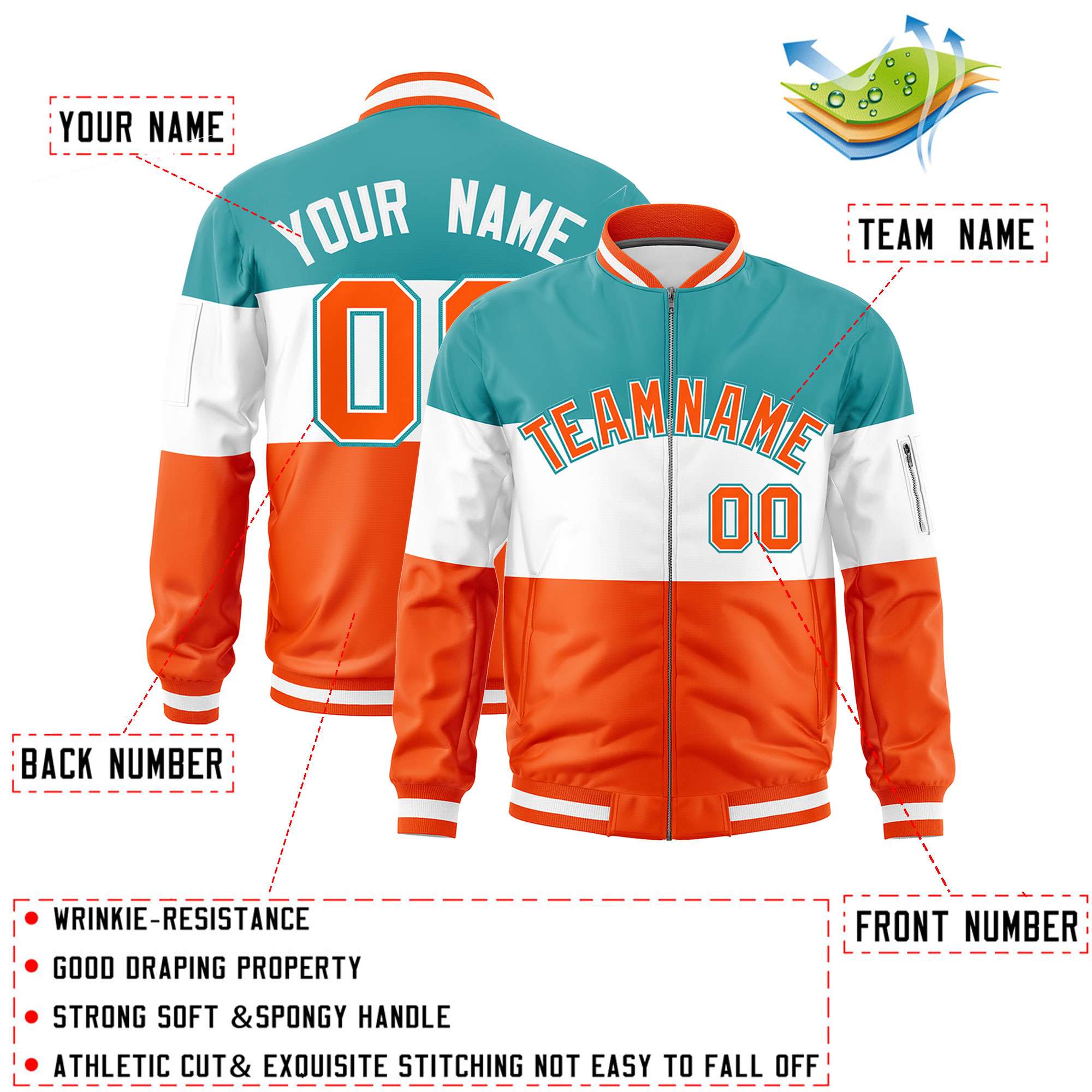 Custom Aqua White-Orange Varsity Full-Zip Color Block Letterman Bomber Jacket