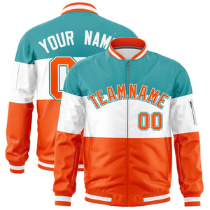 Custom Aqua White-Orange Varsity Full-Zip Color Block Letterman Bomber Jacket