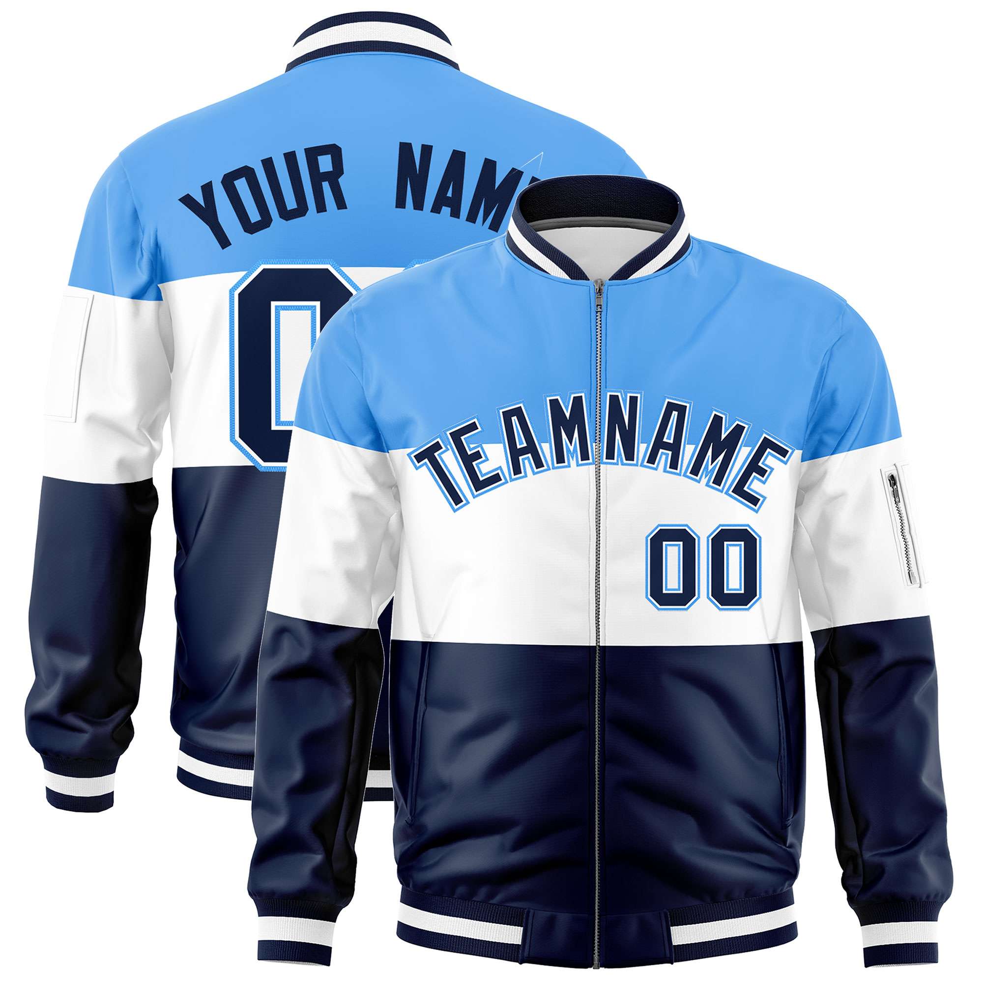 Custom Powder Blue White-Navy Varsity Full-Zip Color Block Letterman Bomber Jacket