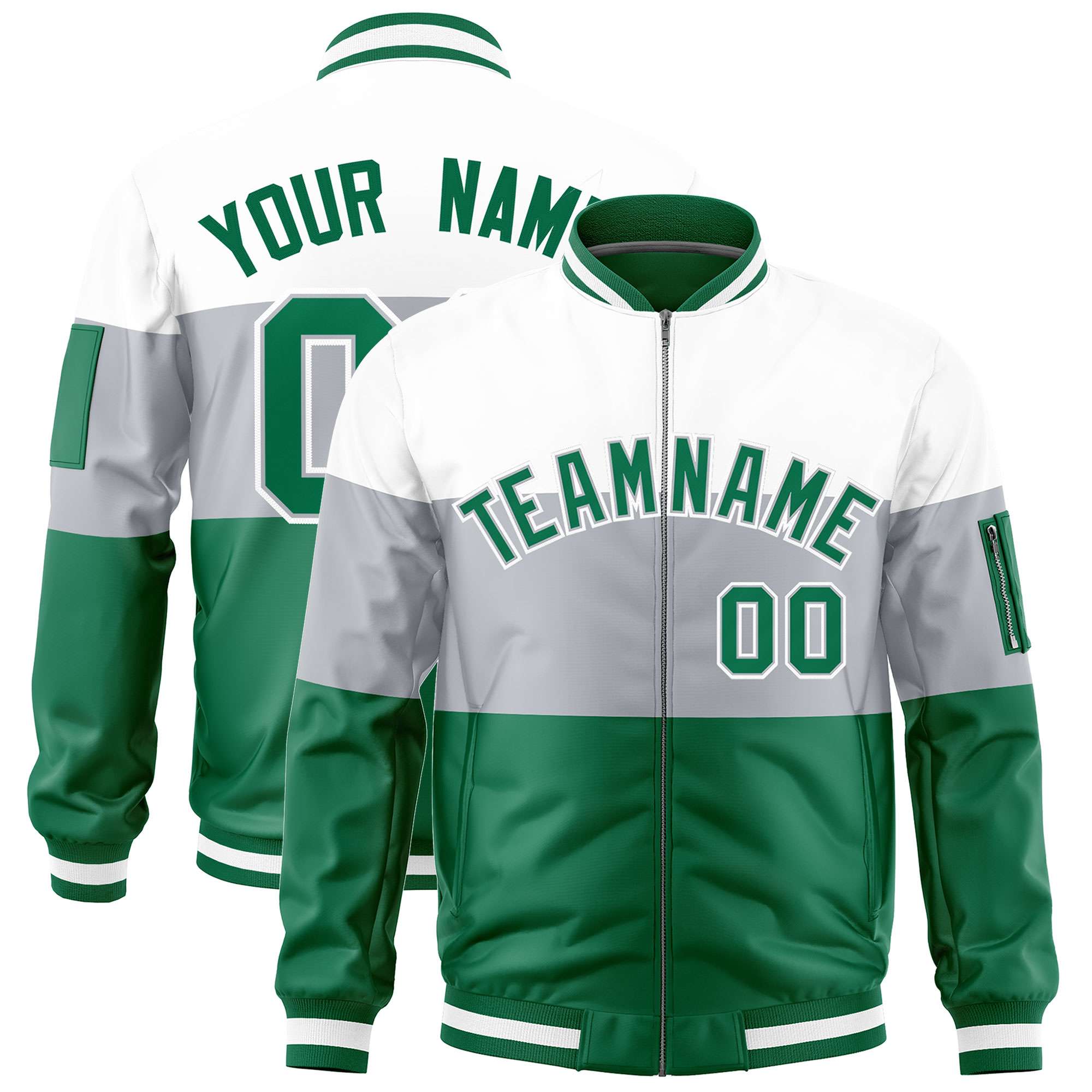 Custom White Silver-Kelly Green Varsity Full-Zip Color Block Letterman Bomber Jacket