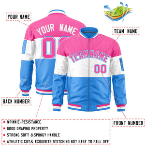 Custom Pink White-Powder Blue Varsity Full-Zip Color Block Letterman Bomber Jacket