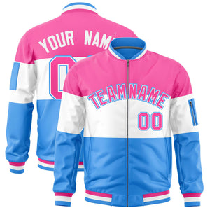 Custom Pink White-Powder Blue Varsity Full-Zip Color Block Letterman Bomber Jacket