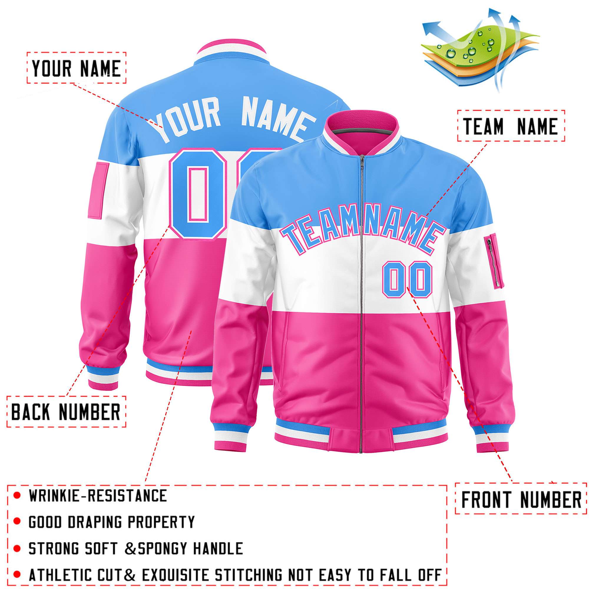 Custom Powder Blue White-Pink Varsity Full-Zip Color Block Letterman Bomber Jacket