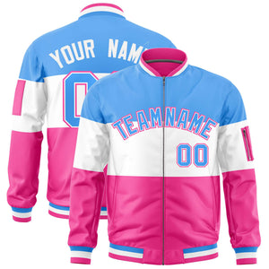 Custom Powder Blue White-Pink Varsity Full-Zip Color Block Letterman Bomber Jacket