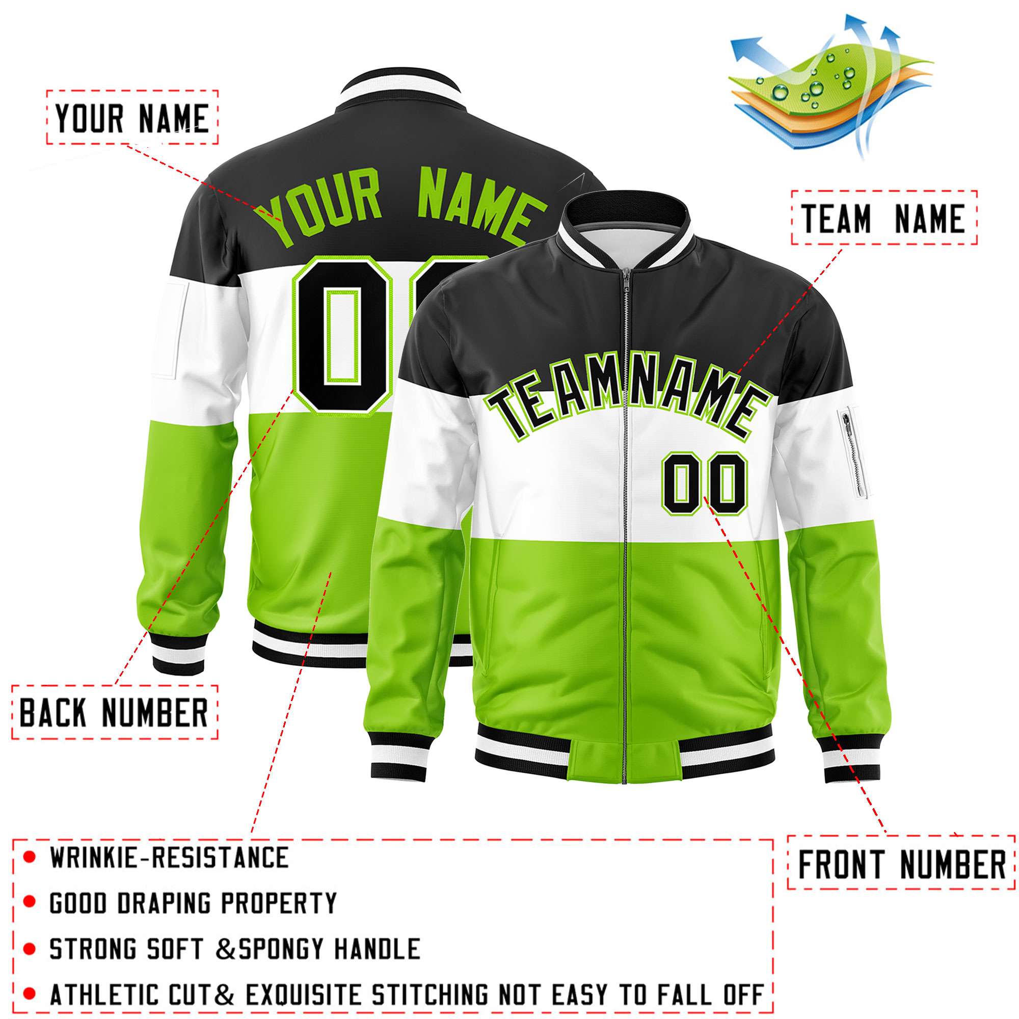 Custom Black White-Neon Green Varsity Full-Zip Color Block Letterman Bomber Jacket