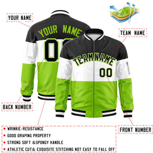 Custom Black White-Neon Green Varsity Full-Zip Color Block Letterman Bomber Jacket