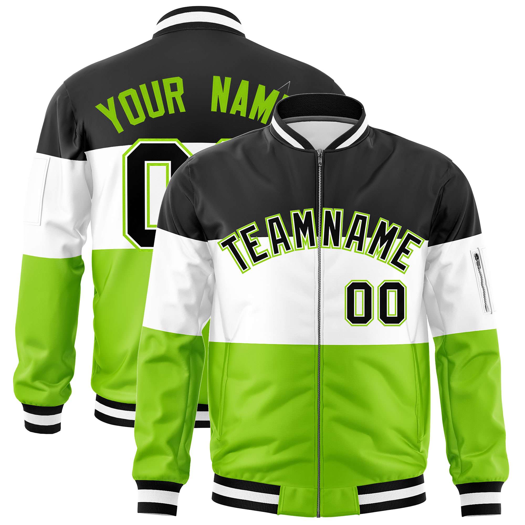 Custom Black White-Neon Green Varsity Full-Zip Color Block Letterman Bomber Jacket