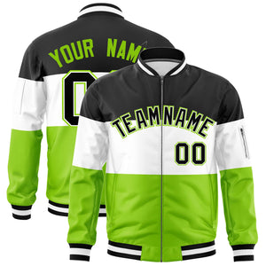 Custom Black White-Neon Green Varsity Full-Zip Color Block Letterman Bomber Jacket