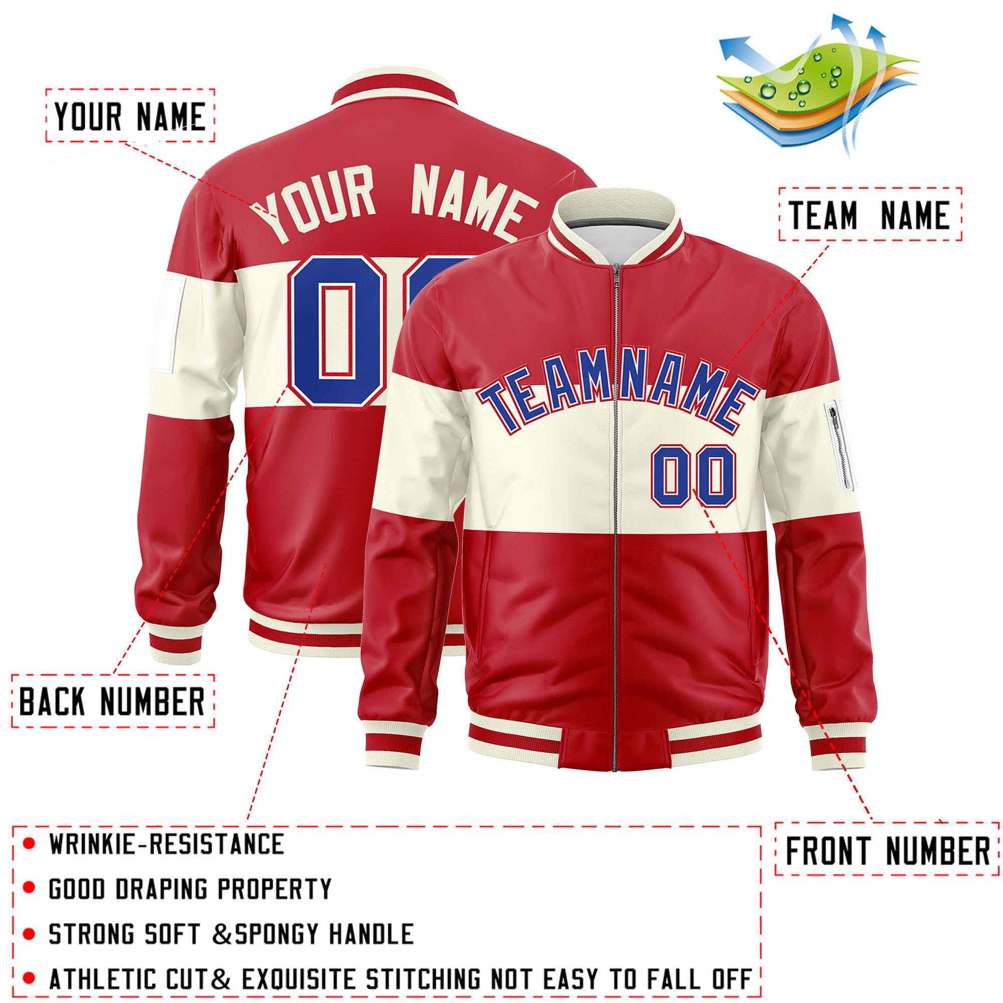 Custom Red Cream-Red Varsity Full-Zip Color Block Letterman Bomber Jacket