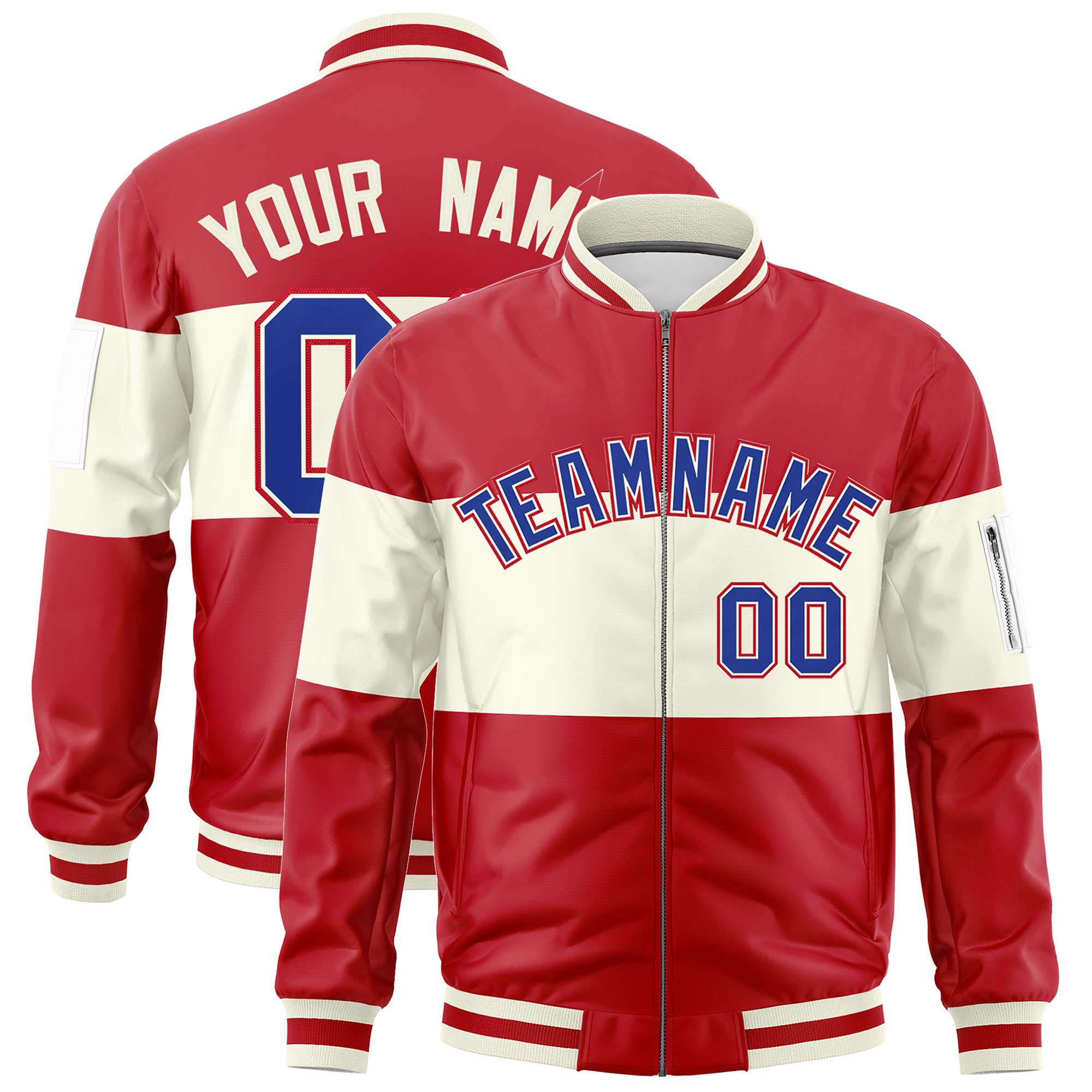 Custom Red Cream-Red Varsity Full-Zip Color Block Letterman Bomber Jacket