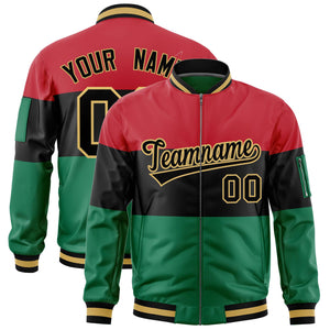 Custom Red Black-Kelly Green Varsity Full-Zip Color Block Letterman Bomber Jacket