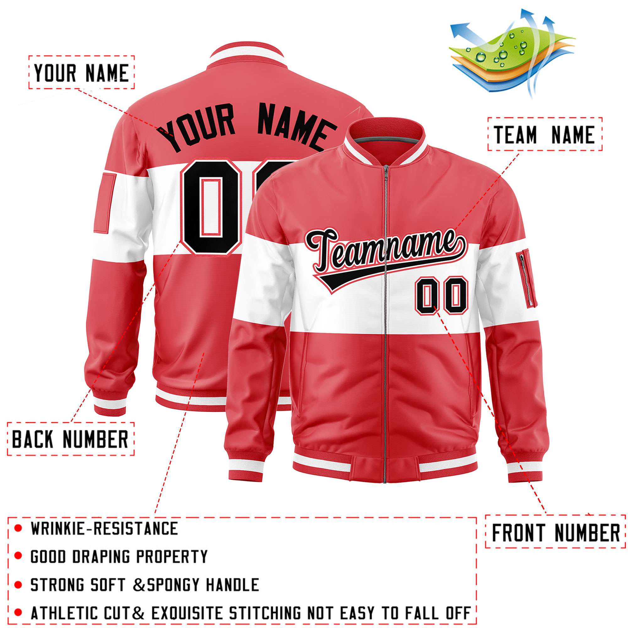 Custom Light Red White-Light Red Varsity Full-Zip Color Block Letterman Bomber Jacket