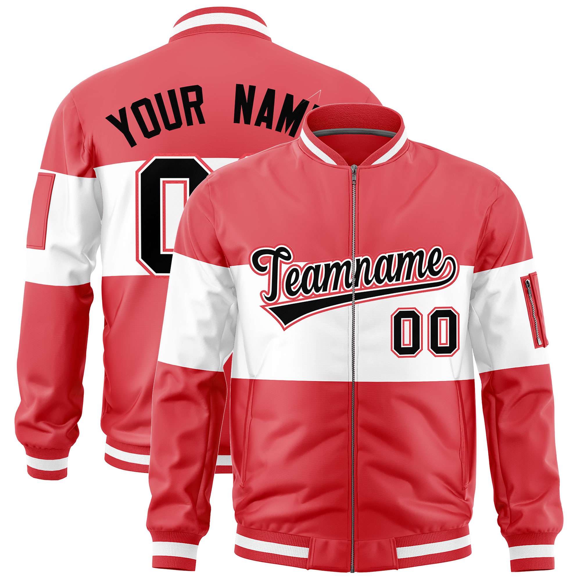 Custom Light Red White-Light Red Varsity Full-Zip Color Block Letterman Bomber Jacket