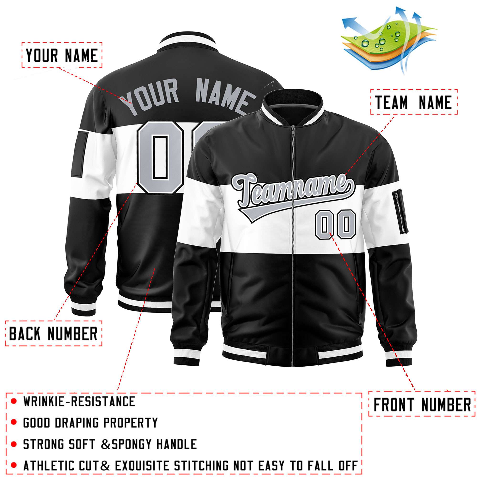 Custom Black White-Black Varsity Full-Zip Color Block Letterman Bomber Jacket