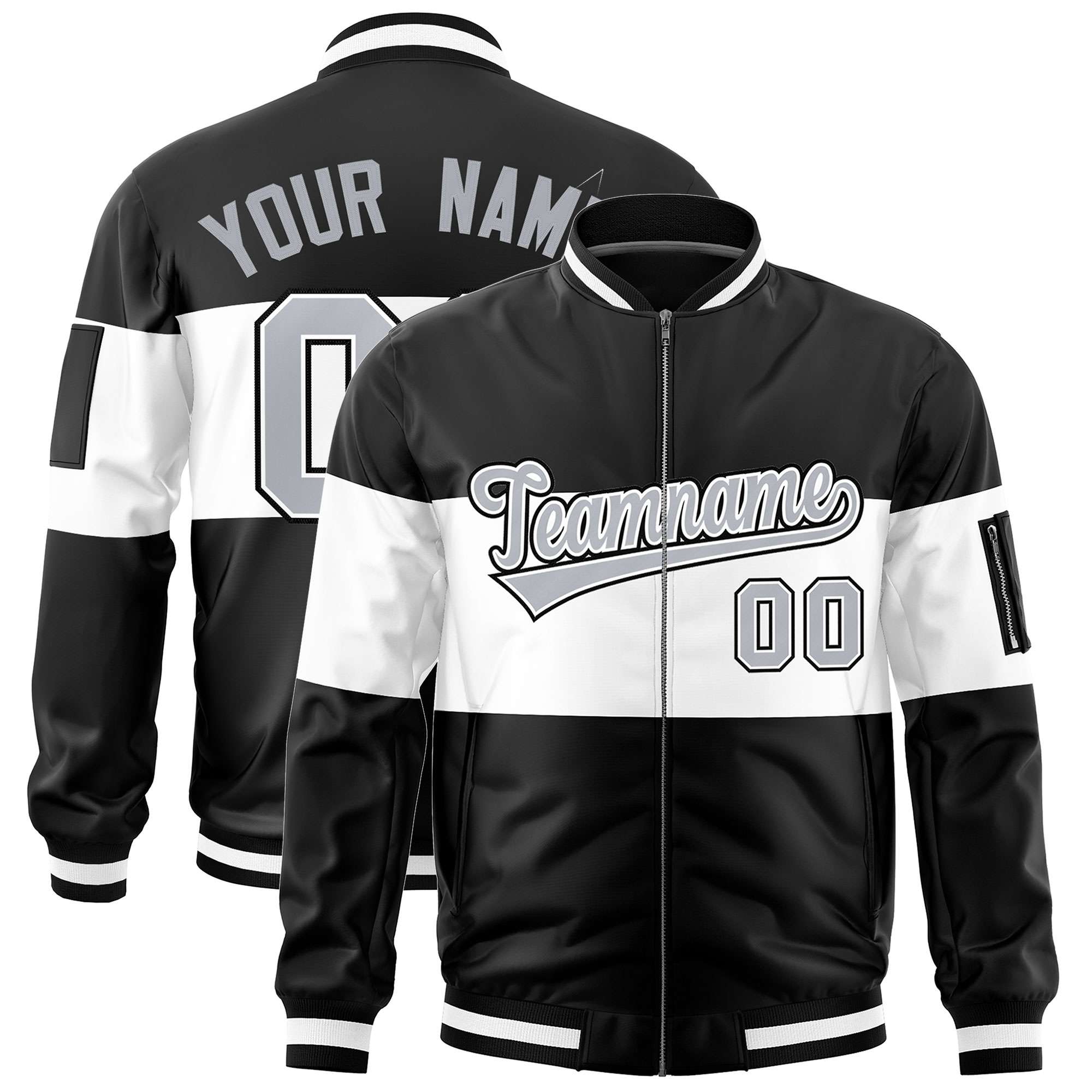 Custom Black White-Black Varsity Full-Zip Color Block Letterman Bomber Jacket