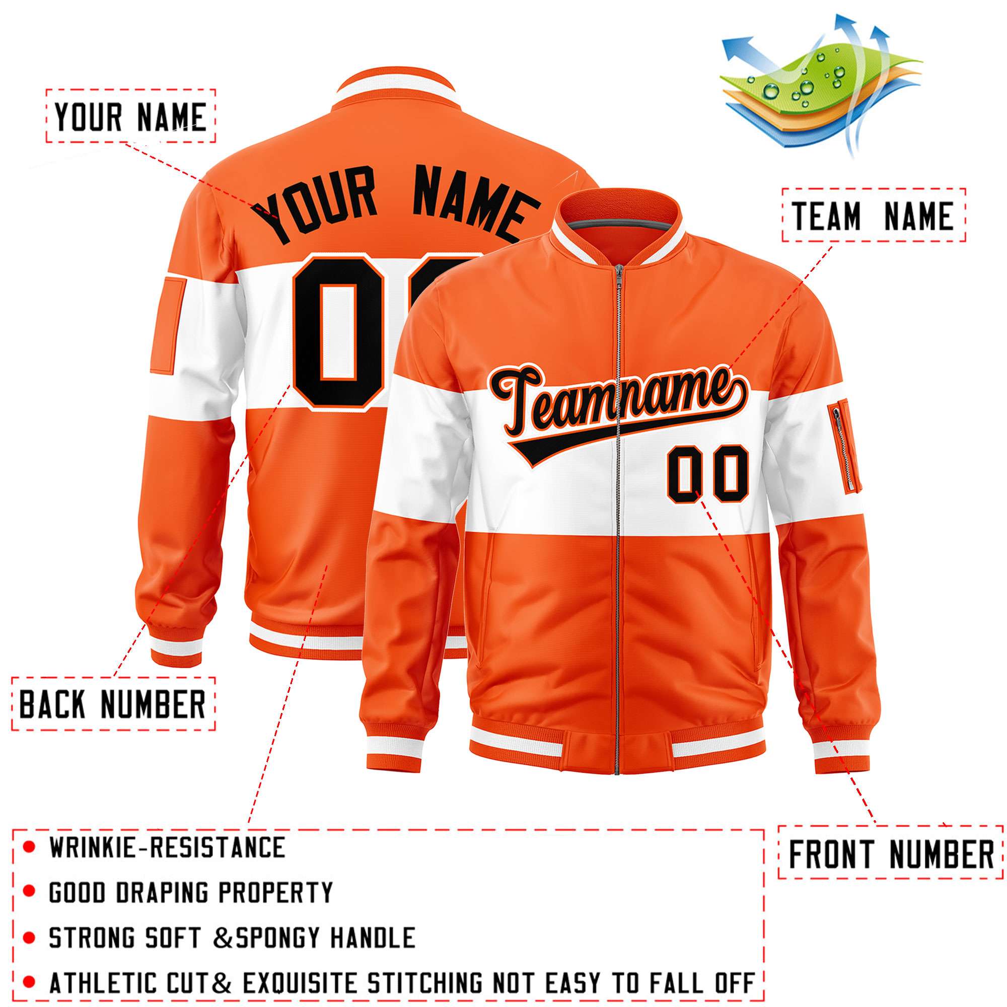 Custom Orange White-Orange Varsity Full-Zip Color Block Letterman Bomber Jacket