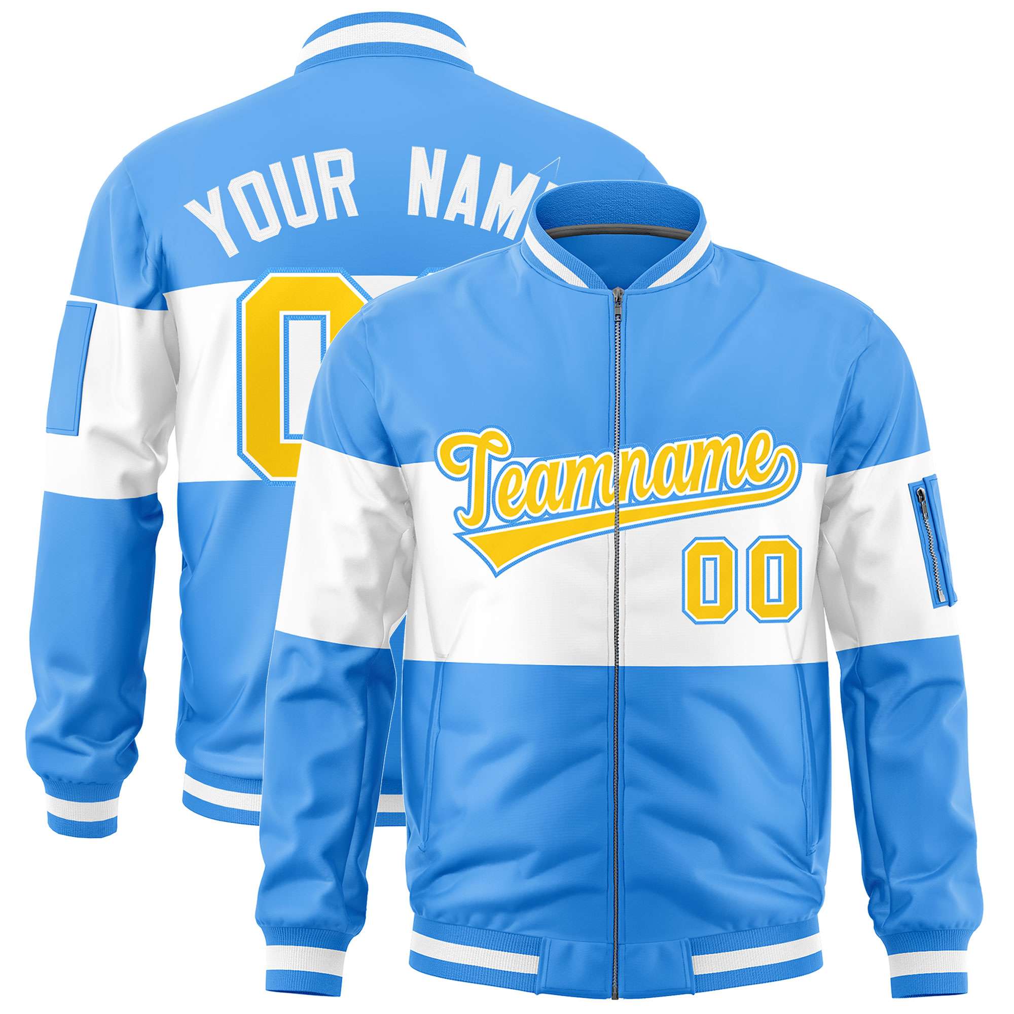 Custom Powder Blue White-Powder Blue Varsity Full-Zip Color Block Letterman Bomber Jacket