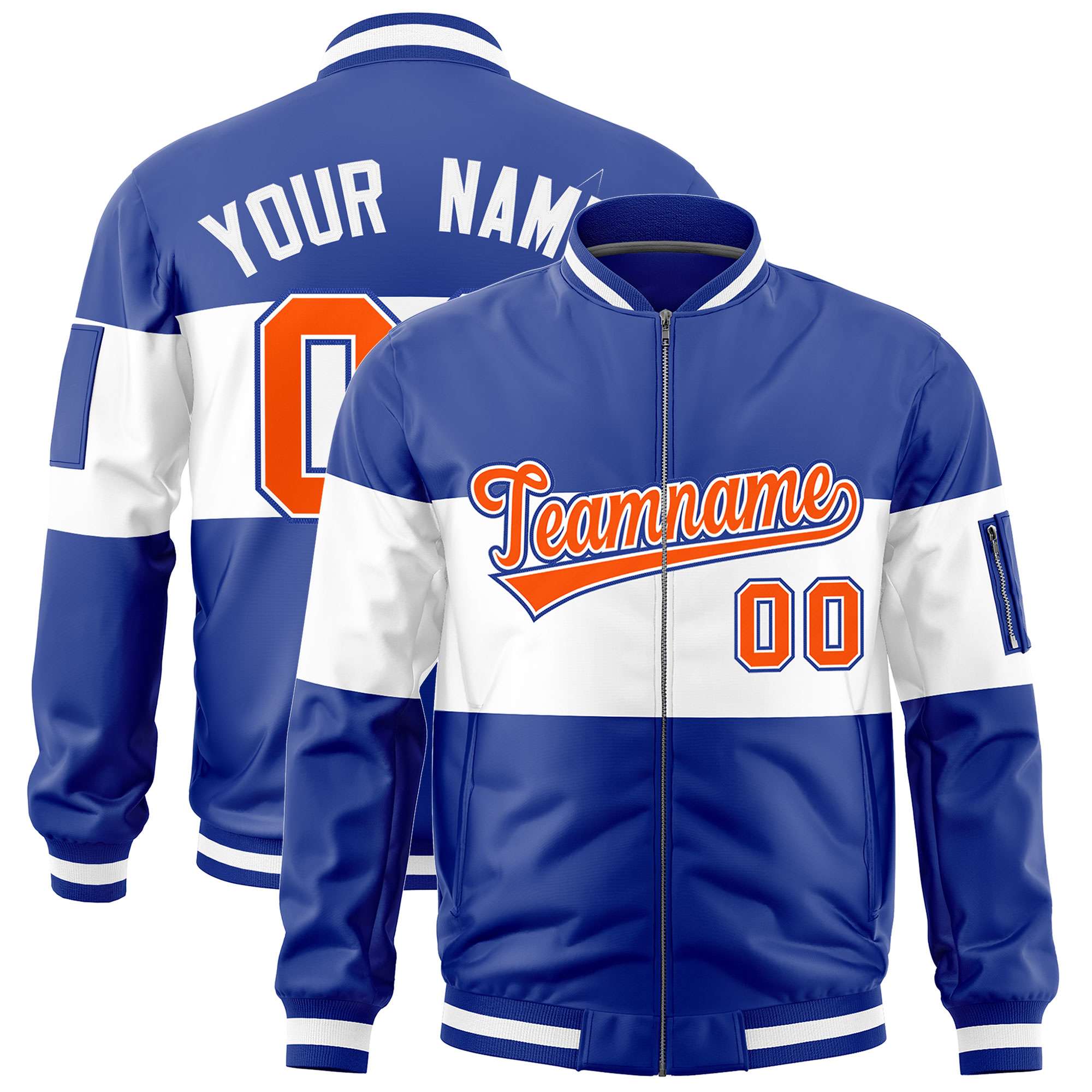 Custom Royal White-Royal Varsity Full-Zip Color Block Letterman Bomber Jacket