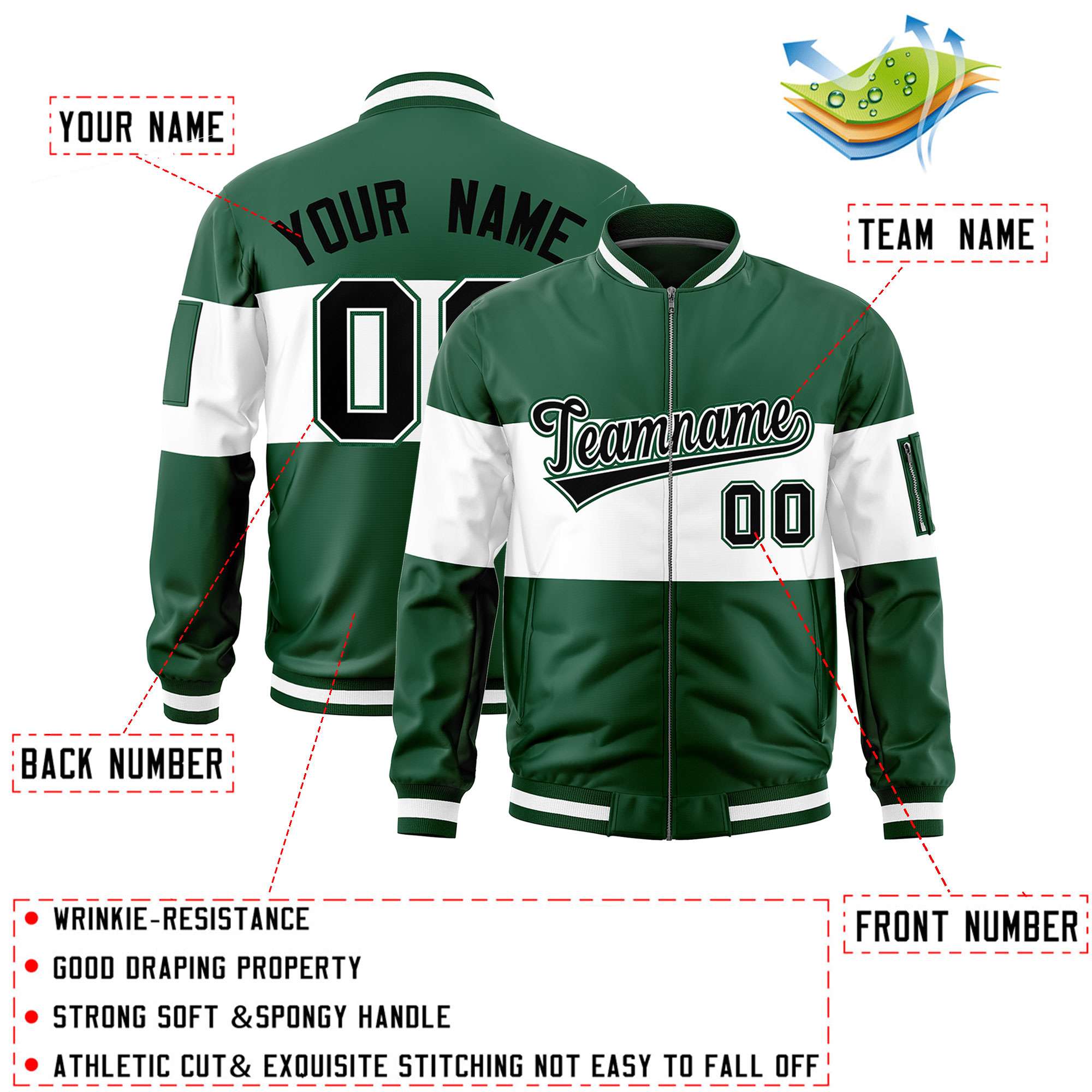 Custom Green White-Green Varsity Full-Zip Color Block Letterman Bomber Jacket