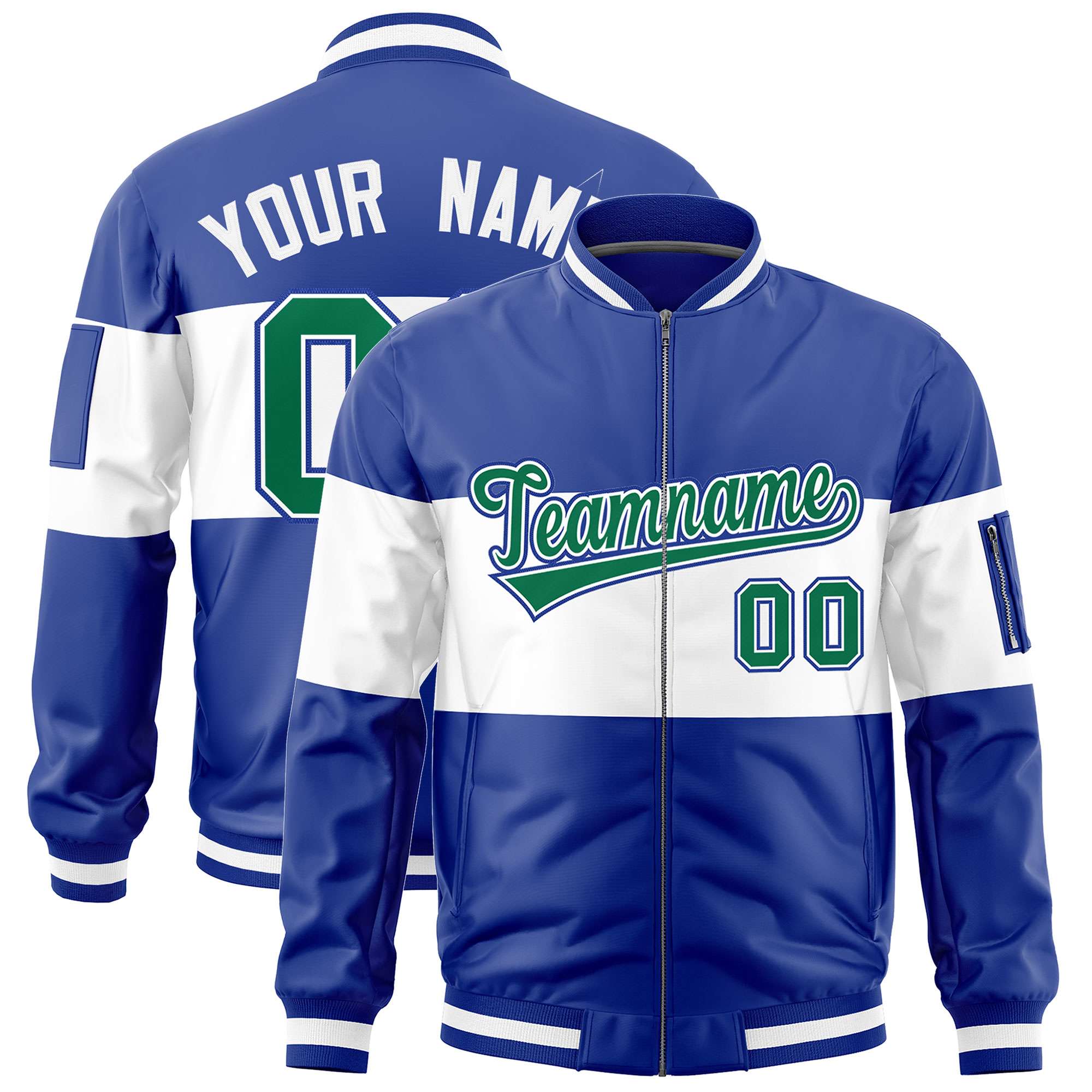 Custom Royal White-Royal Varsity Full-Zip Color Block Letterman Bomber Jacket