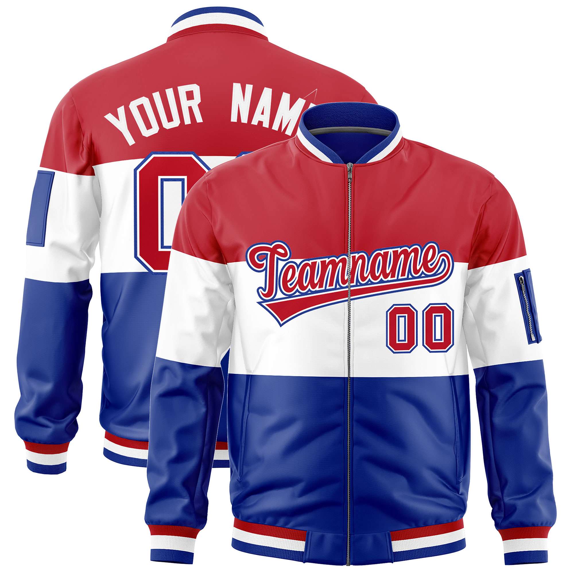 Custom Red White-Royal Varsity Full-Zip Color Block Letterman Bomber Jacket