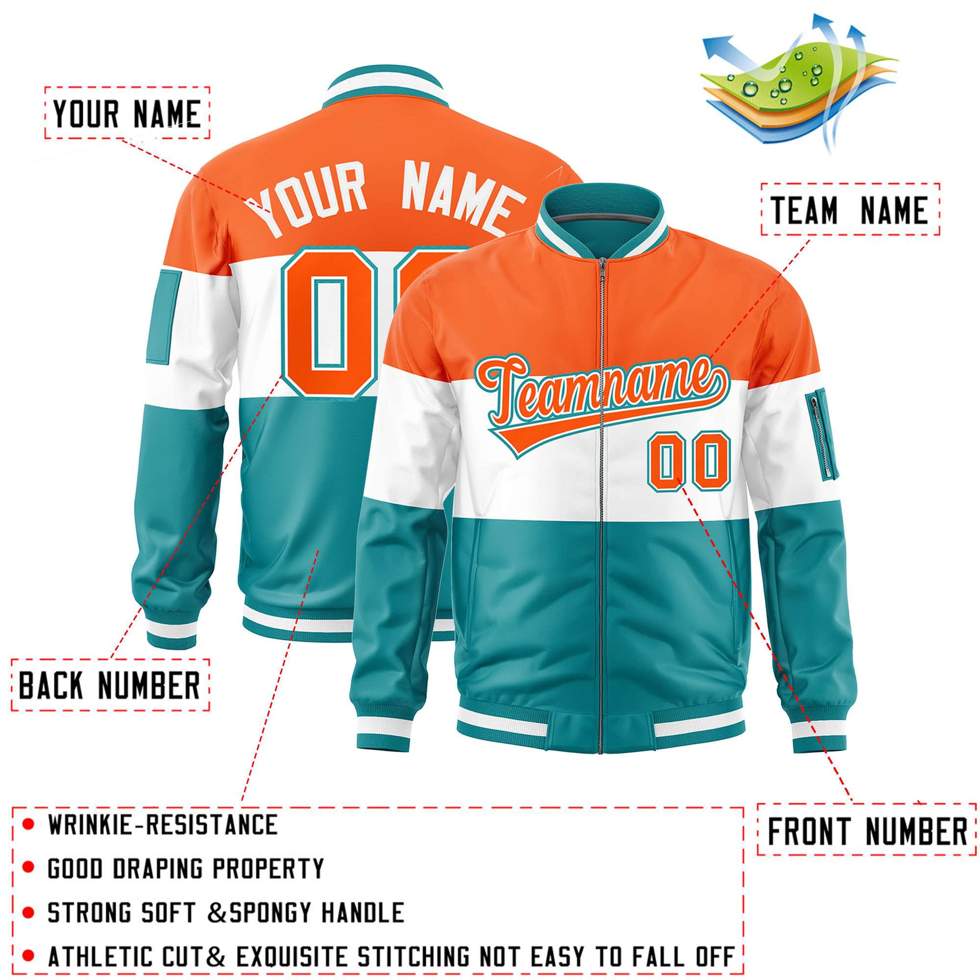 Custom Orange White-Aqua Varsity Full-Zip Color Block Letterman Bomber Jacket