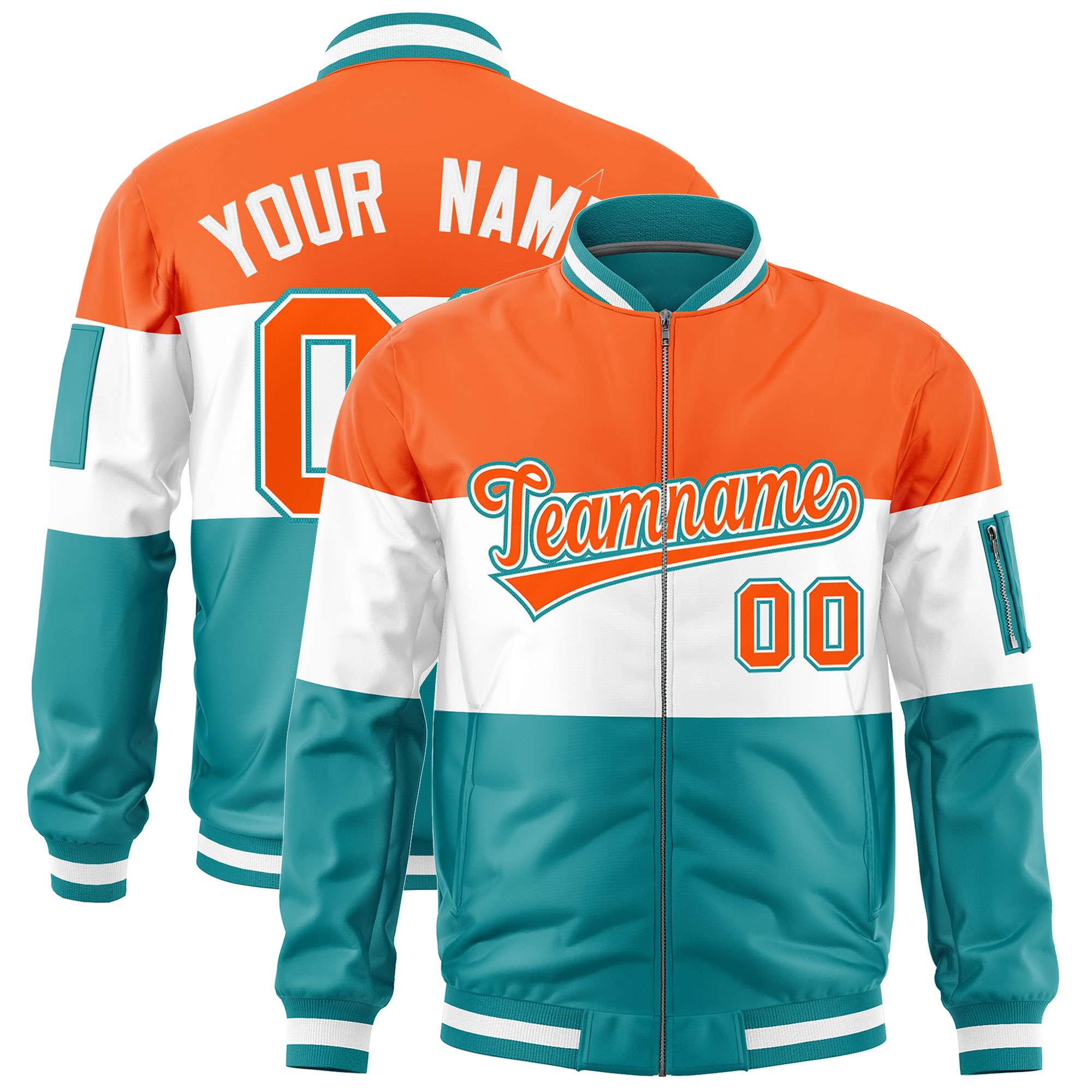 Custom Orange White-Aqua Varsity Full-Zip Color Block Letterman Bomber Jacket