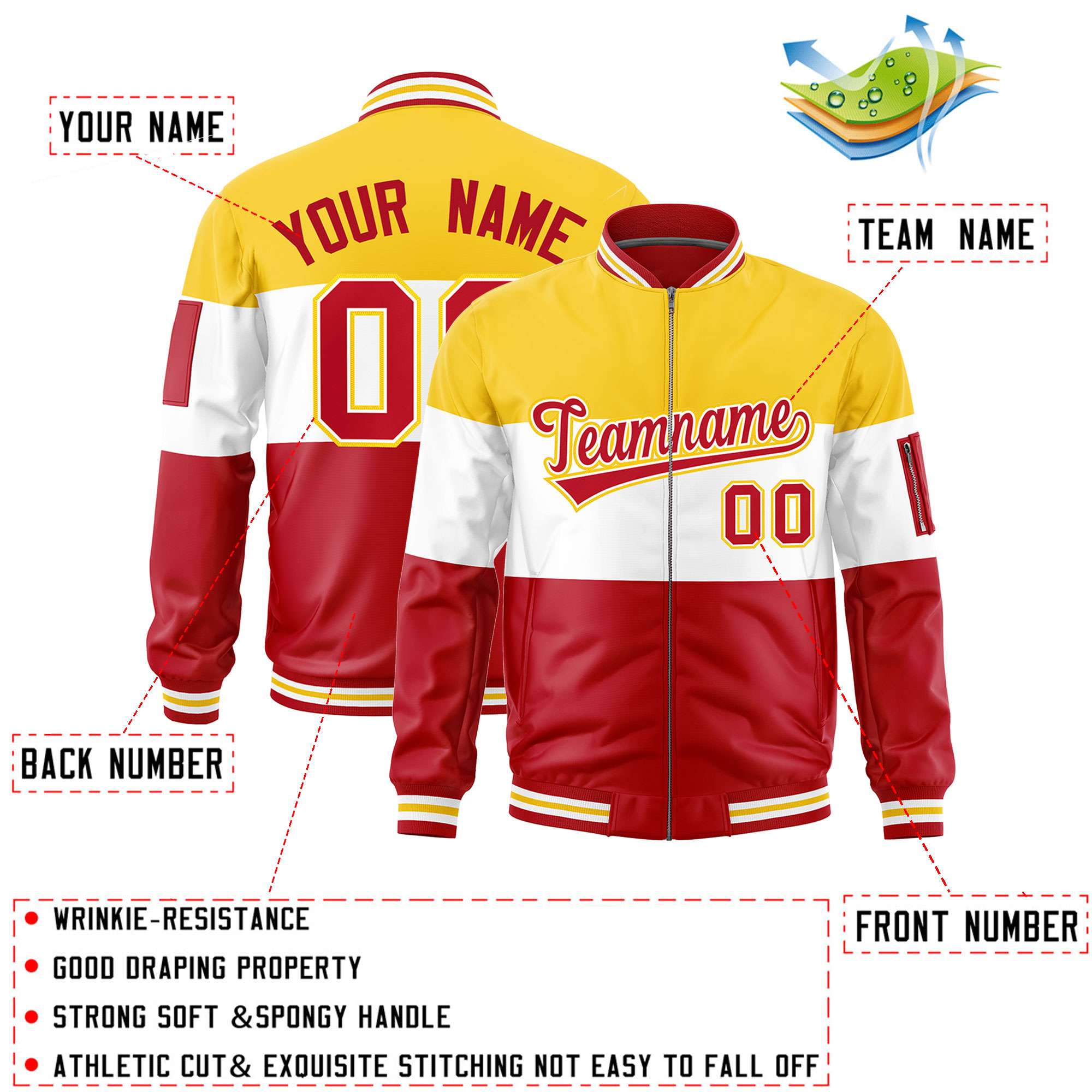 Custom Gold White-Red Varsity Full-Zip Color Block Letterman Bomber Jacket