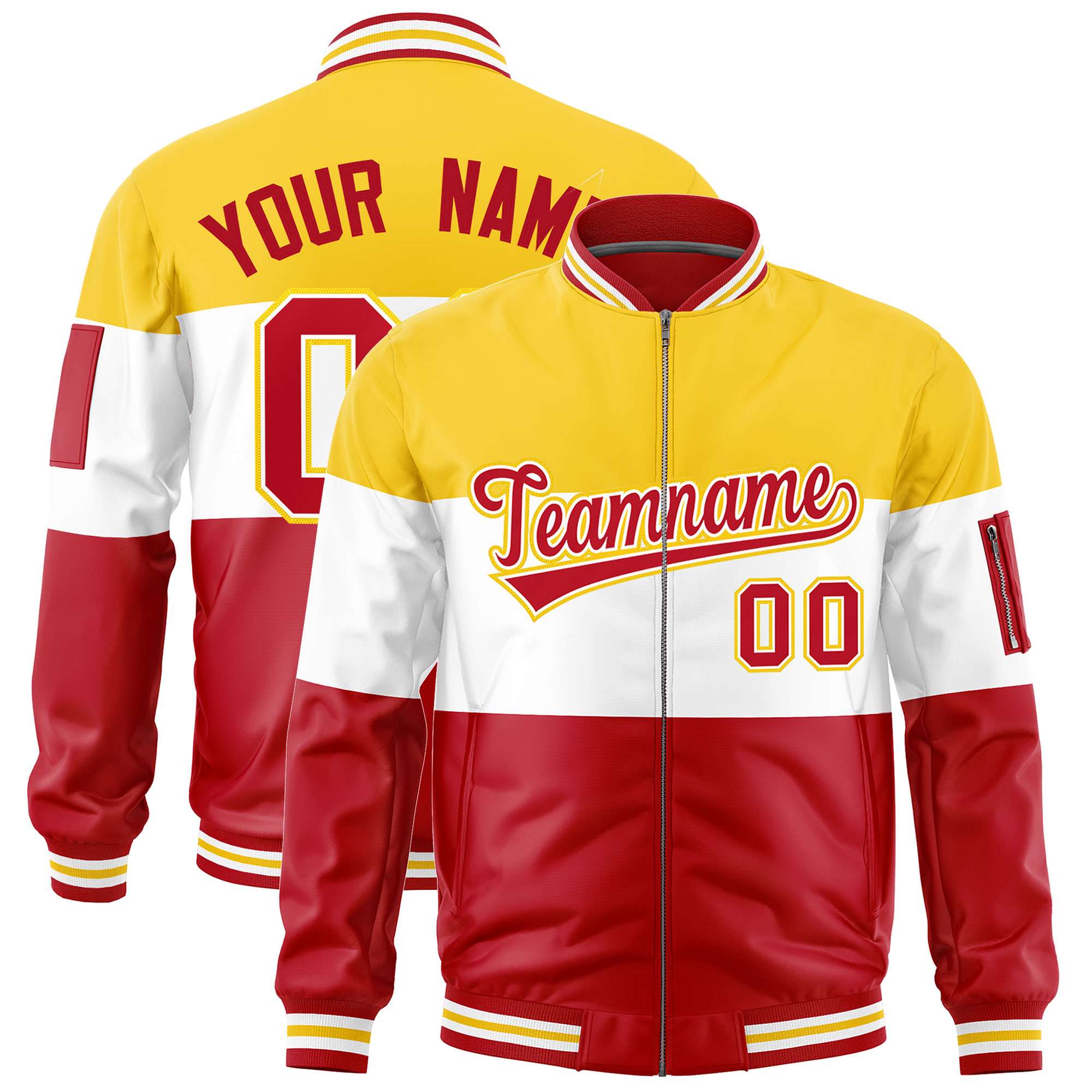 Custom Gold White-Red Varsity Full-Zip Color Block Letterman Bomber Jacket