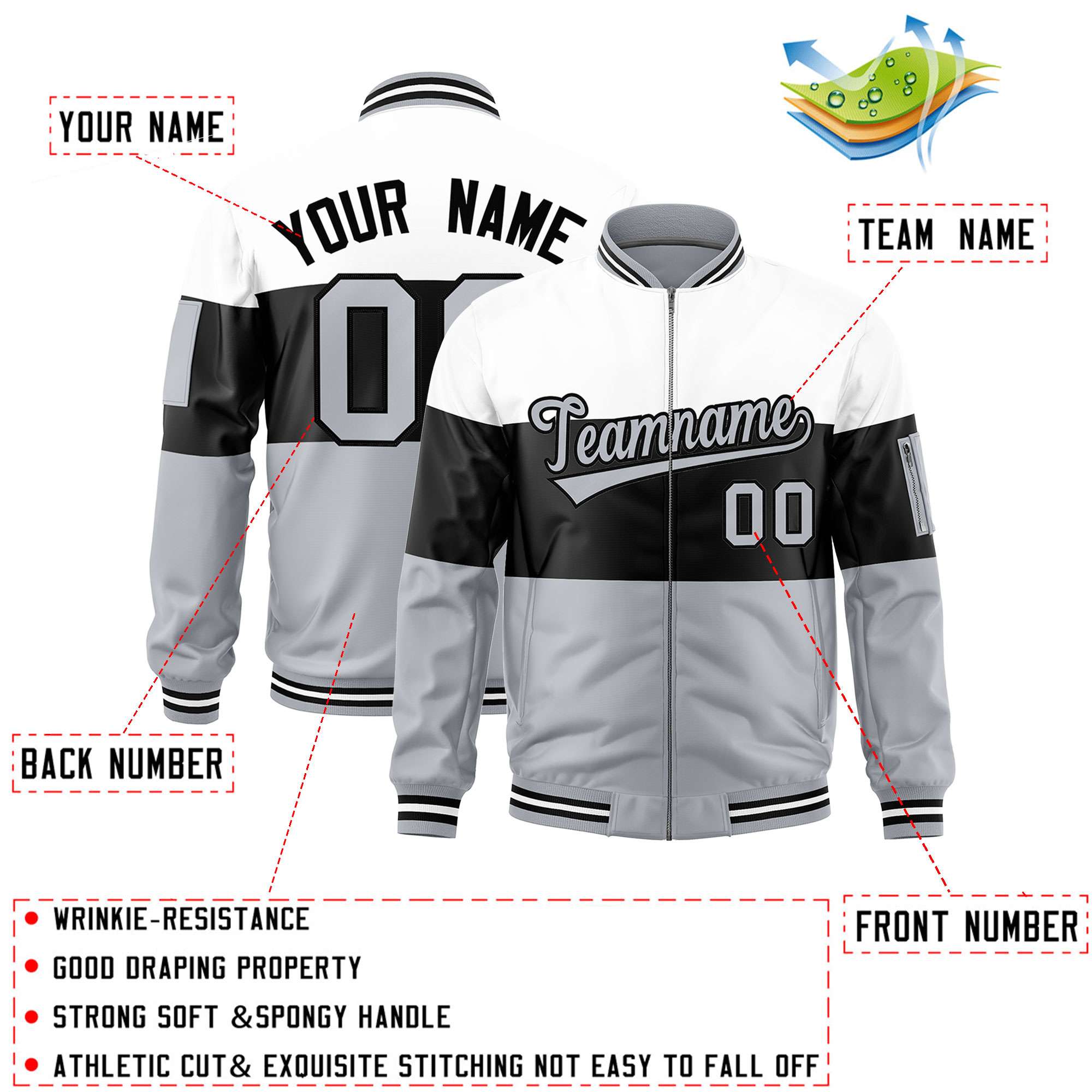 Custom White Black-Silver Varsity Full-Zip Color Block Letterman Bomber Jacket