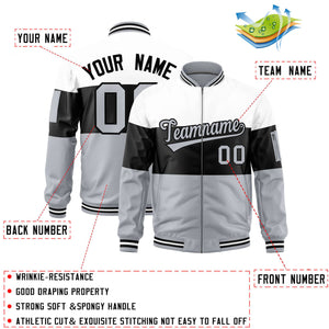 Custom White Black-Silver Varsity Full-Zip Color Block Letterman Bomber Jacket