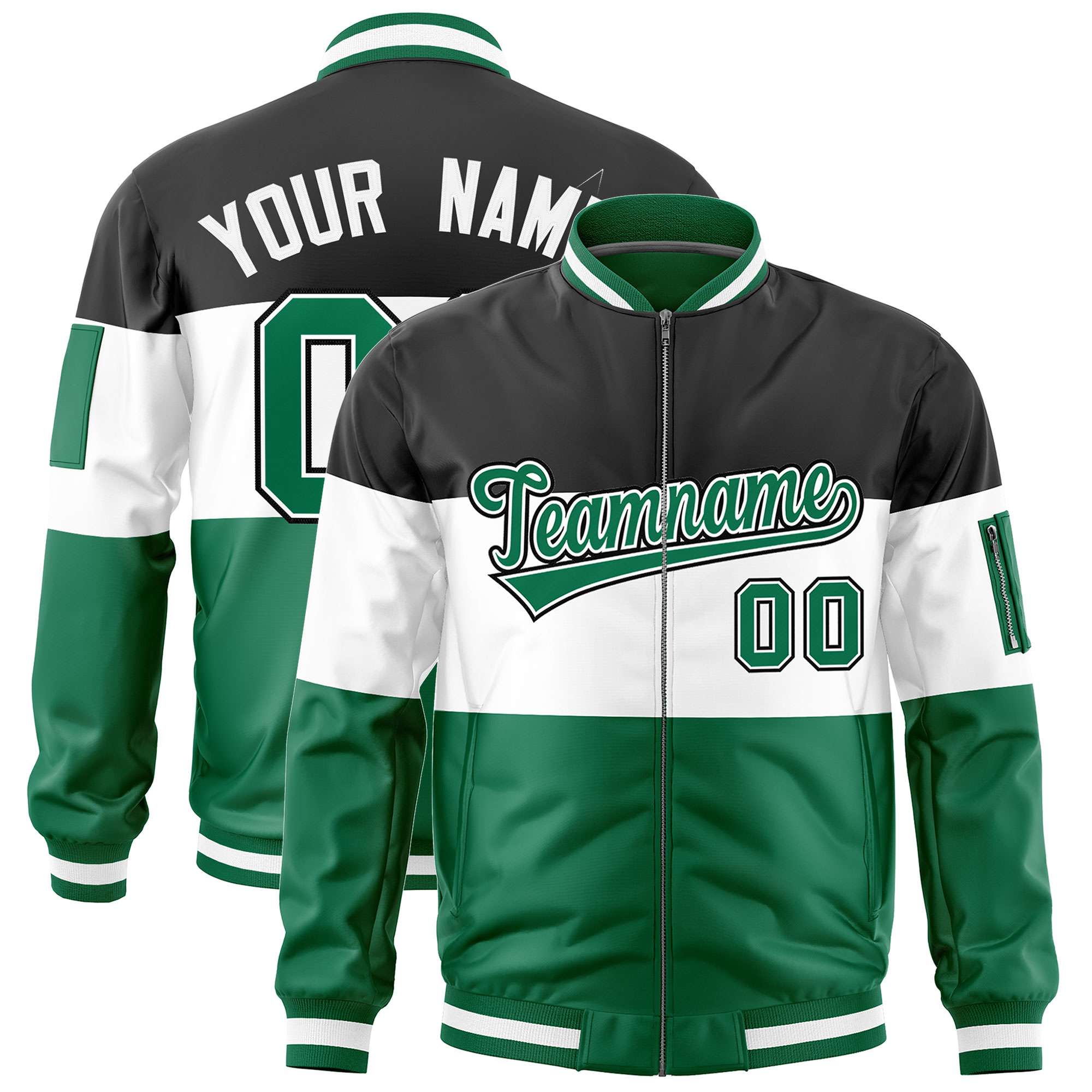 Custom Black White-Kelly Green Varsity Full-Zip Color Block Letterman Bomber Jacket