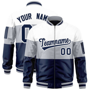 Custom White Silver-Navy Varsity Full-Zip Color Block Letterman Bomber Jacket