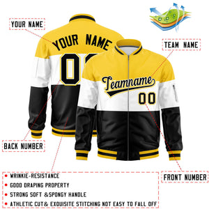 Custom Gold White-Black Varsity Full-Zip Color Block Letterman Bomber Jacket