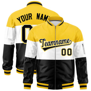 Custom Gold White-Black Varsity Full-Zip Color Block Letterman Bomber Jacket