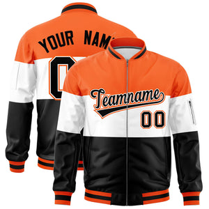 Custom Orange White-Black Varsity Full-Zip Color Block Letterman Bomber Jacket