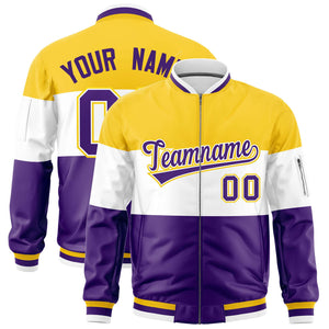 Custom Gold White-Purple Varsity Full-Zip Color Block Letterman Bomber Jacket