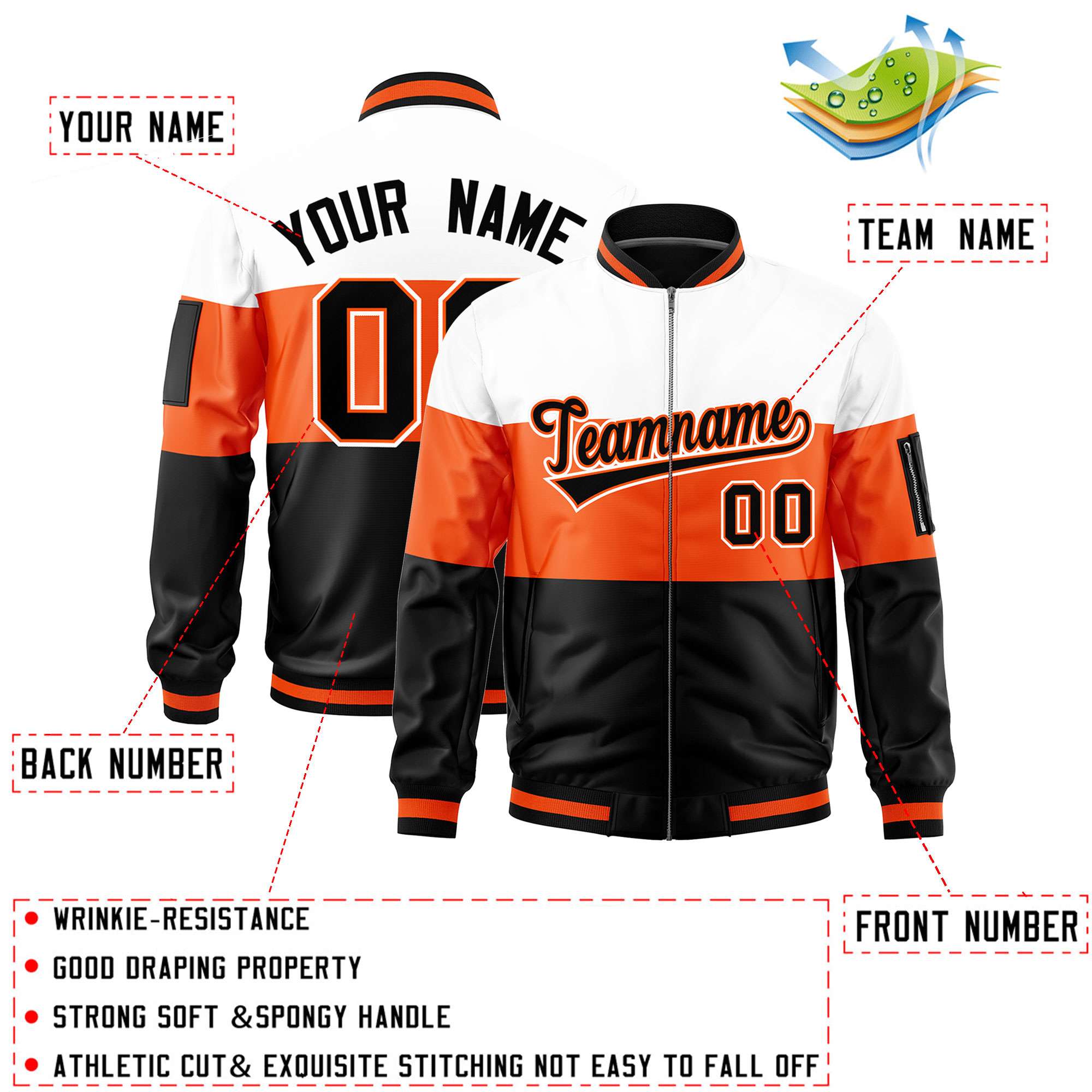 Custom White Orange-Black Varsity Full-Zip Color Block Letterman Bomber Jacket