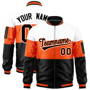 Custom White Orange-Black Varsity Full-Zip Color Block Letterman Bomber Jacket