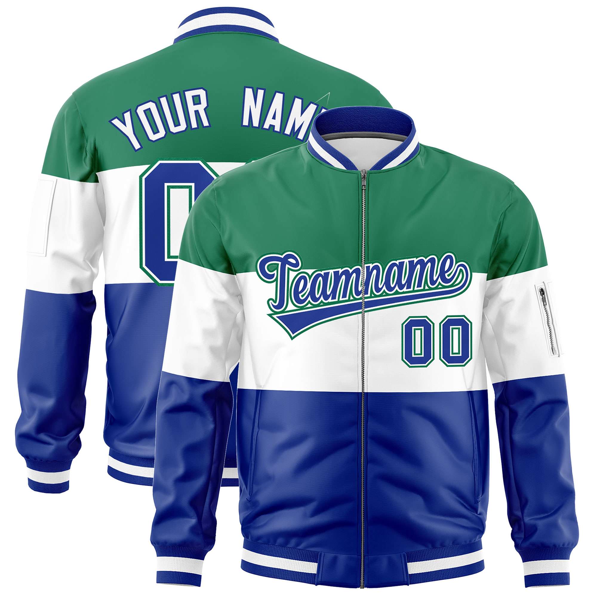 Custom Kelly Green White-Royal Varsity Full-Zip Color Block Letterman Bomber Jacket