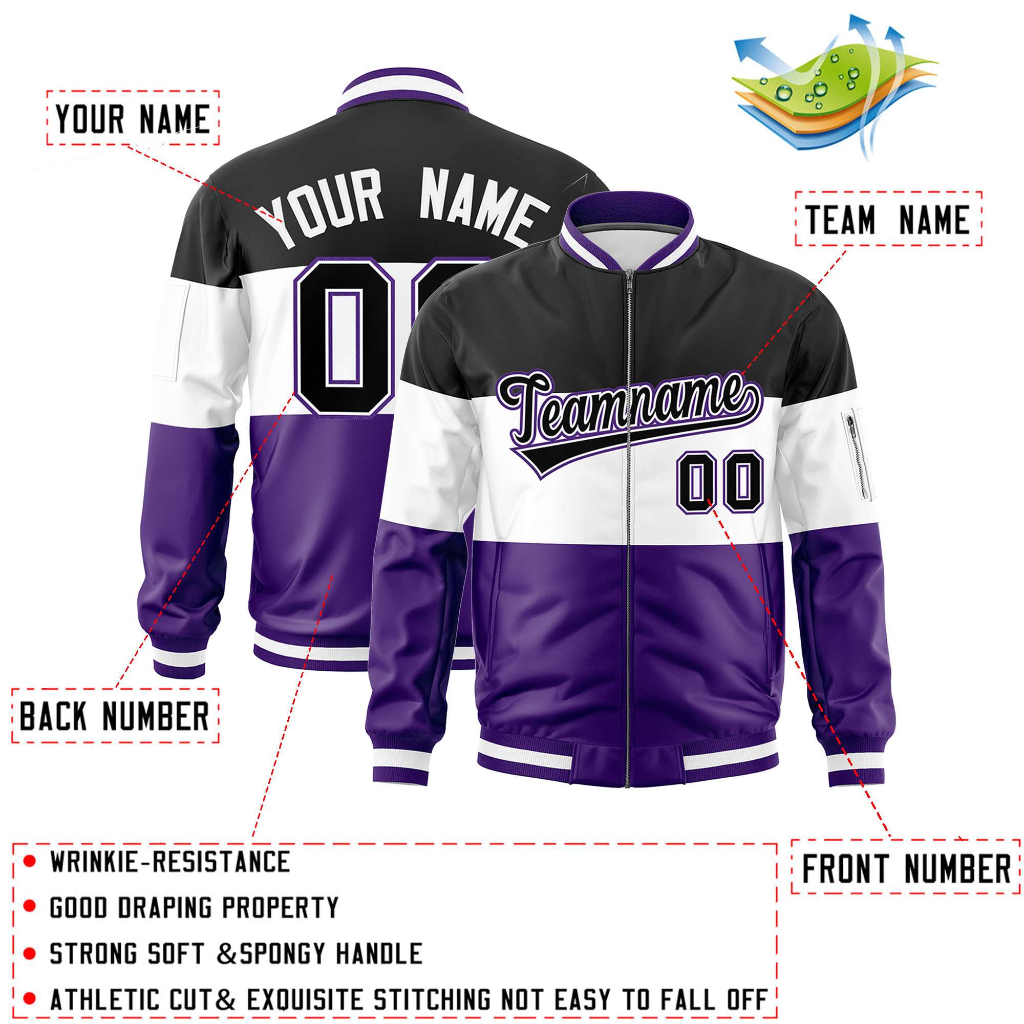 Custom Black White-Purple Varsity Full-Zip Color Block Letterman Bomber Jacket