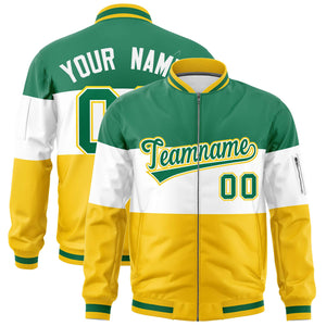 Custom Kelly Green White-Gold Varsity Full-Zip Color Block Letterman Bomber Jacket